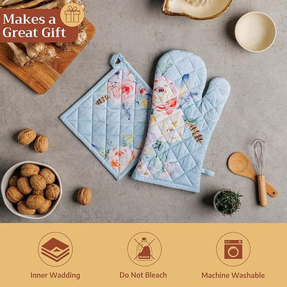Maison d' Hermine 100% Cotton Oven Mitt & Pot Holder Set (7.5"x13" & 8"x8") Heat Resistant BBQ Cooking Gloves with Loop Baking Grilling Kitchen Hotel Home Farmhouse Spring Summer (Ibiza - Blue)