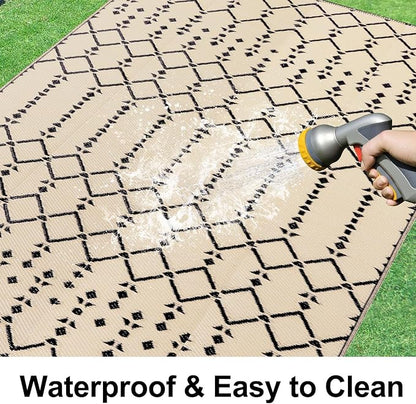 Smiry Outdoor Rug 5x8 ft Waterproof Reversible Boho Mat, Beige | Polypropylene Plastic Straw, Quick Drying, Lightweight Foldable, for Patio, Deck, RV Camping, Backyard and Indoor Outdoor Use