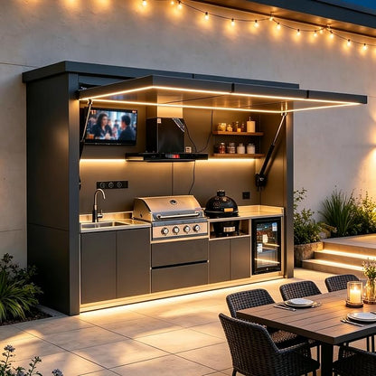 Prefab Outdoor Kitchen Pod Kits with Roof, Luxury Modular Island with Sink, Grill, Storage Cabinet, Burners, Refrigerator, Backyard Patio Cooking Station