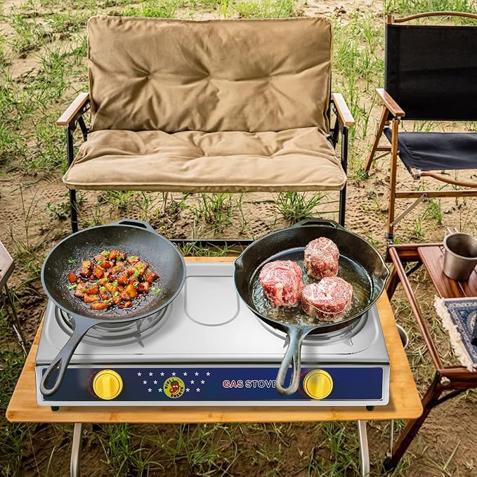 Vivicreate 2 Burner Propane Stove, [20000 BTU] Portable Camping Gas Cooktop with Auto Ignition, Stainless Steel Outdoor Cooker with Regulator & Hose for RV, Backyard, Camping and Emergency Use