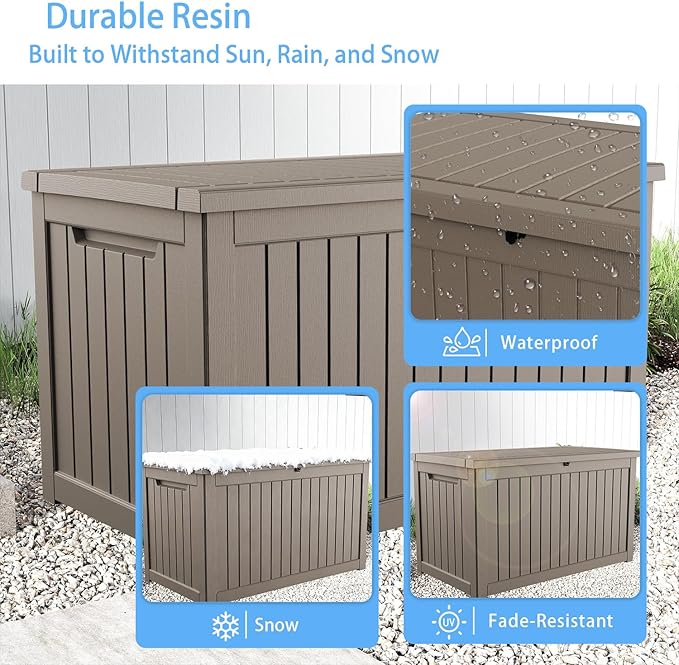Pepe Tee Waterproof Resin Deck Box, Outdoor Storage Bin for Patio Furniture Cushions, All-Weather Garden Organizer & Seating Bench, Coffee