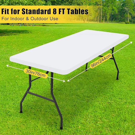 Smiry 2 Pack Rectangle Tablecloth, Elastic Fitted Flannel Backed Vinyl Tablecloths for 8ft Folding Tables, Waterproof Wipeable Table Covers for Outdoor, Camping and Picnic (White, 30"x96")
