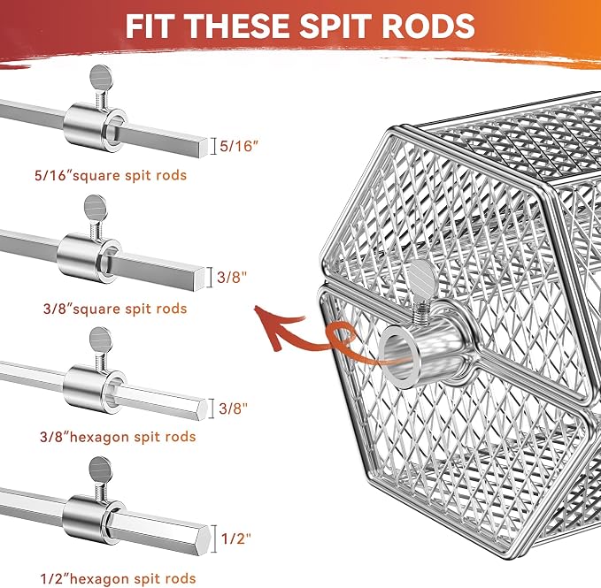 Skyflame Stainless Steel Round Tumble Rotating Rotisserie Basket | Stable Locks Construction, Fits for 5/16 Inch Square, 3/8 Inch Square, 3/8 Inch Hexagon, 1/2 Inch Hexagon Spit Rods
