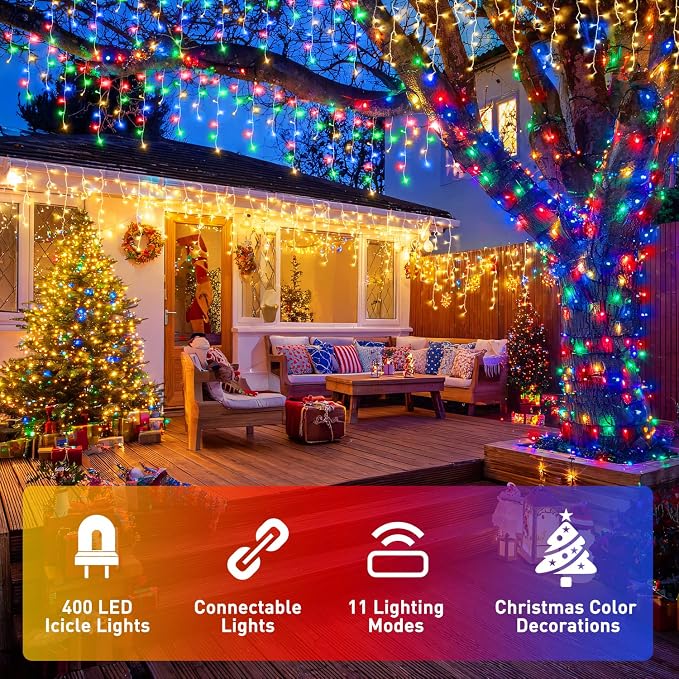 JMEXSUSS Color Changing Icicle Lights for Outside, 11 Modes 400 LED | Christmas Icicle Lights with 80 Drops, Warm White to Multicolor Icicle Lights for Christmas Eaves Party Decorations