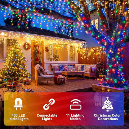 JMEXSUSS Color Changing Icicle Lights for Outside, 11 Modes 400 LED | Christmas Icicle Lights with 80 Drops, Warm White to Multicolor Icicle Lights for Christmas Eaves Party Decorations