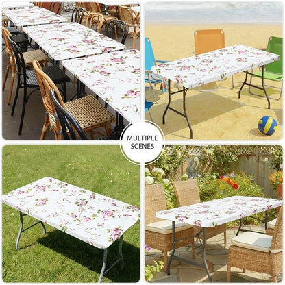 Smiry Spandex Fitted Tablecloth for 6 Foot Rectangle Tables, Washable Picnic Table Cover with Elastic, Stretch Reusable Table Cloth for Outdoor, Camping, Dining & Kitchen (Flowers, 30"x72")