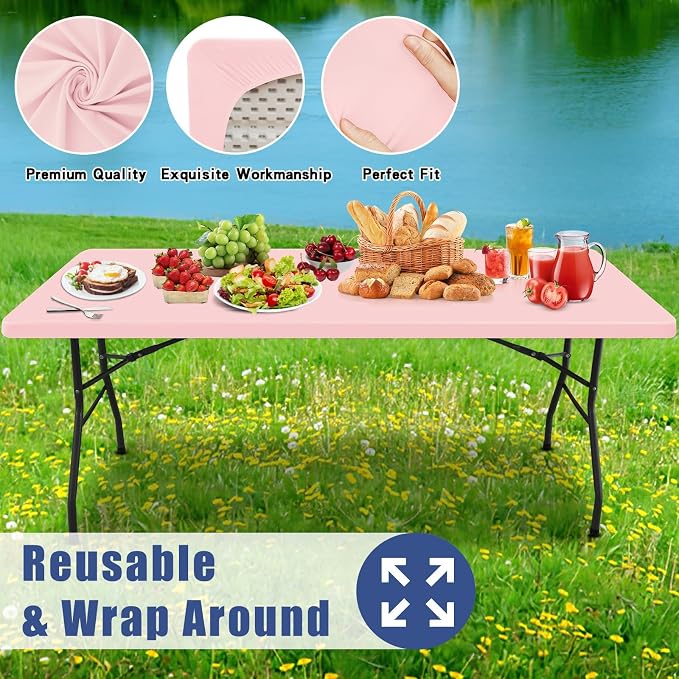 Moosfor Spandex 4 Foot Rectangle Table Cloth, Elastic Fitted Tablecloths for Picnic, Stretch Washable Patio Table Cover for Outdoor, Camping, Banquet and Parties (Pink, 24"x48")