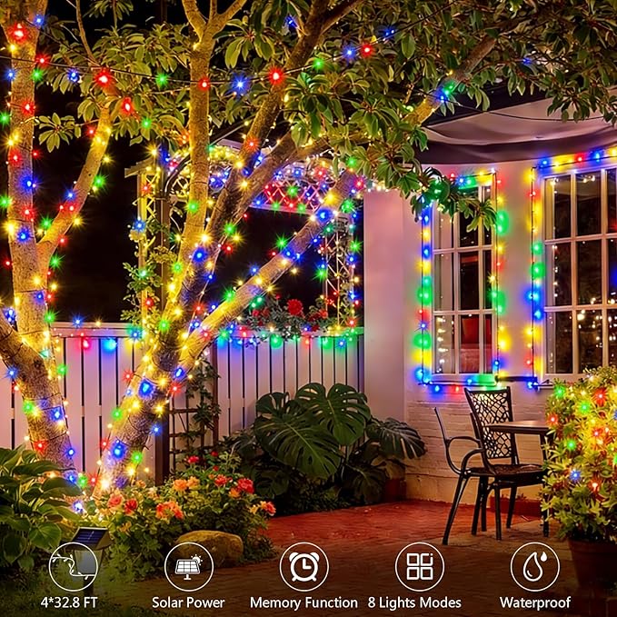 4 Pack Solar String Lights, Total 132Ft 400 LED Solar Powered Twinkle String Lights Waterproof with 8 Lighting Modes Green Wire for Patio Garden Party Yard Wedding Decors (Multicolor)