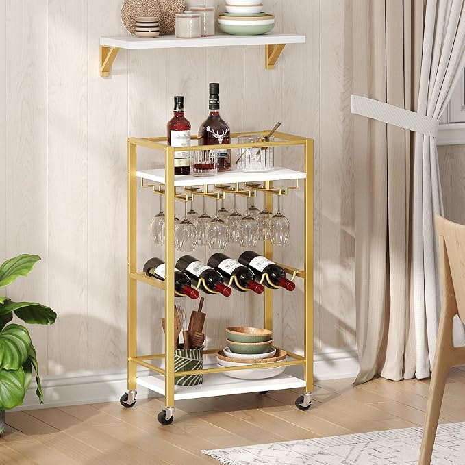 MAHANCRIS Bar Cart for Home, Mini Rolling Wine Cart, 3 Tier Serving Cart, Kitchen Storage Cart with Wine Rack and Glass Holders, for Kitchen, Dining Room, Living Room, Gold and White RCJW9301