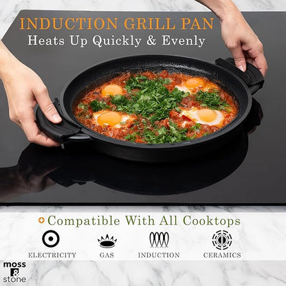 Moss & Stone 12” Nonstick Grill Pan for Indoor Cooking, Cast Aluminum Griddle Pan for Stove Top & Induction, Dishwasher & Oven Safe, Grill Pan with Lid, Silicone Handles, PFOA Free