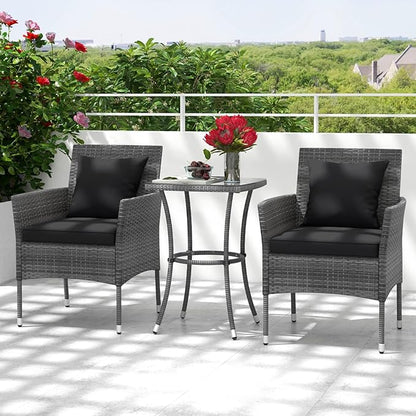 Tangkula 3-Piece Patio Furniture Set, PE Wicker Conversation Bistro Set w/A Tempered Glass Table & 2 Cushioned Chairs, Outdoor Table & Chairs Set for Patio Porch Yard Garden (Black)