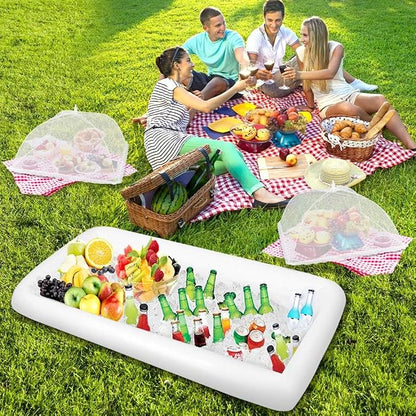 1PCS Inflatable Serving Bars and 3PCS Mesh Food Umbrella Covers Tent for Outdoor,Keep Salads Beverages Ice Cold - For Parties Indoor & Outdoor BBQ, Picnic Pool Party Supplies Luau Cooler