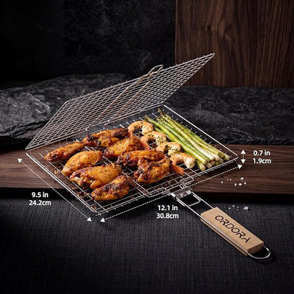 ORDORA Shallow Grill Basket, Fish Grill Basket, Rustproof Stainless Steel BBQ Folding Portable Grilling Rack for Meat, Steak,Vegetables, Grill Accessories