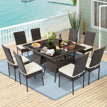 Tangkula 10 Pieces Wicker Patio Dining Set, Outdoor Rattan Table & Chairs Set with Padded Cushions, Patio Furniture Dining Glass Table Set for Balcony Patio Garden Poolside