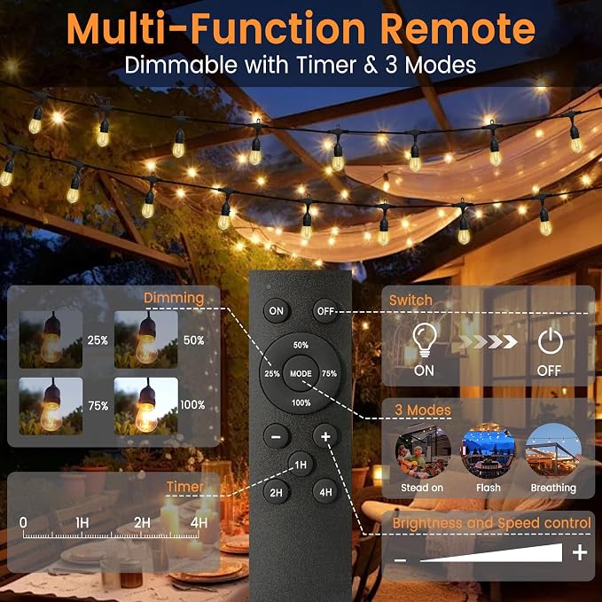 48ft Outdoor String Lights with Remote & Dimmer,24+2 Commercial Grade IP65 Waterproof Bulbs, 2700K Warm White,3 Lighting Modes & Timer,Includes 30 Cable Ties for Patio,Garden, Party