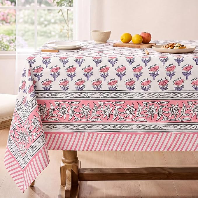 Block Print Tablecloth, 60 x 60 inch Fabric Square Table Cover Flower Table Cloth for Mahjong Weddings Spring Summer and Barbeque Farmhouse Dining Dinner Tablecloth(Style A,Pink)
