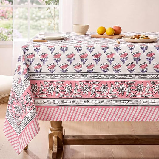 Block Print Tablecloth, 60 x 60 inch Fabric Square Table Cover Flower Table Cloth for Mahjong Weddings Spring Summer and Barbeque Farmhouse Dining Dinner Tablecloth(Style A,Pink)