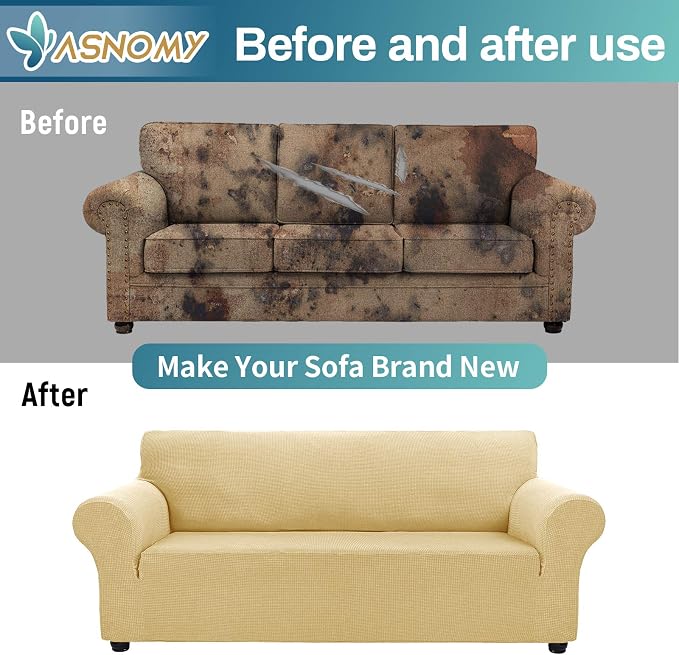 Asnomy Stretch Couch Covers for Sofa Washable, 3 Cushion Couch,Champagne | 1-Piece Sofa Covers(78"-94") 3-Seater Furniture Protector Soft Jacquard,Non-Slip Elastic Bottom For Dogs & Kids