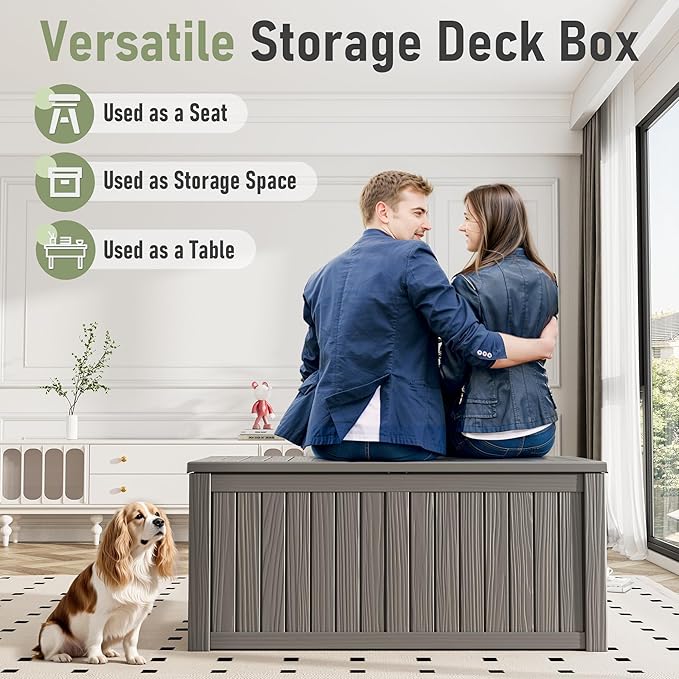 150 Gallon Outdoor Storage Box, Resin Deck Boxes Outdoor Waterproof For Patio Furniture, Garden Tools, Pool Supplies, Lockable And UV Resistant (Striped Gray)