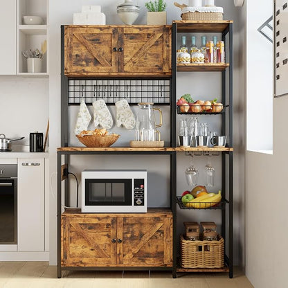 IRONCK Bakers Rack with 2 Storage Cabinets and Power Outlet, 45.3 Inch Industrial Coffee Bar Cabinet Shelves, Kitchen Microwave Stand with Storage, Vintage Brown