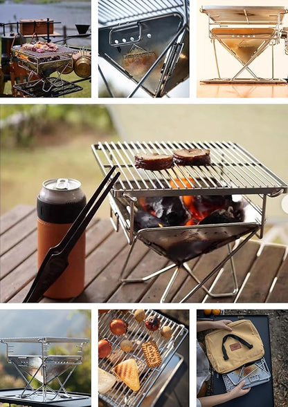 CAMPINGMOON Portable Charcoal Grill 9.65 Inch Stainless Steel Tabletop Grill Fire Pit 3 Level Adjustable Height Grill for Camping Outdoor Cooking Barbecue Carry Bag X-MINI-PRO