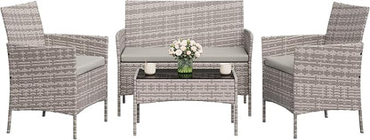 4-Piece Outdoor Furniture Set, PE Rattan Wicker Chairs with Soft Cushions & Tempered Glass Coffee Table - All-Weather Patio Set for Garden, Backyard, Porch, Poolside (Grey)