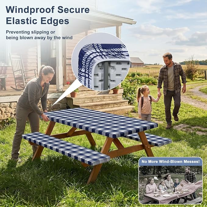 Picnic Table Cover with Bench Covers Windproof Waterproof Picnic Table Covers Camping Tablecloth with Self-Storage Bag, 96in, Blue