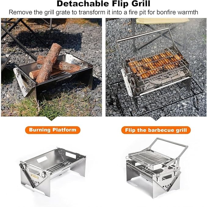 180°x2 Flip Charcoal Grill in 304 Stainless Steel, Detachable & Easy to Assemble, Versatile BBQ for Grilling Fish, Meat, Veggies, Perfect for Backyard Gatherings and Outdoor Adventures