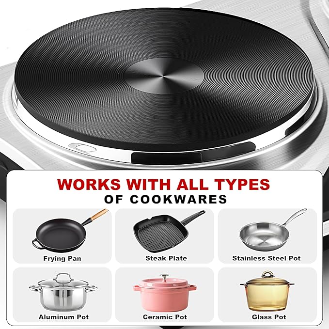 Double Burner, CUSIMAX Electric Hot Plate for Cooking, 1800 Watts Portable Countertop Burner, Cast Iron Hot Plates with Dual Adjustable Temperature, Easy to Clean, Sliver