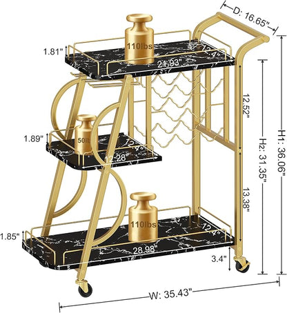 Bar Cart for Home, Home Bar Serving Cart on Wheels, 3 Tier Liquor Carts with Wine Rack and Glass Holder, Rolling Beverage Trolley (Gold & Marbleized Black)