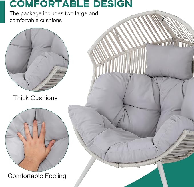Shintenchi Wicker Egg Chair Rattan Patio Chair with Cushion, Oversized Patio Lounge Chairs Egg Basket Chair, Egg Seat for Indoor Living Room Bedroom Outside, Light Grey