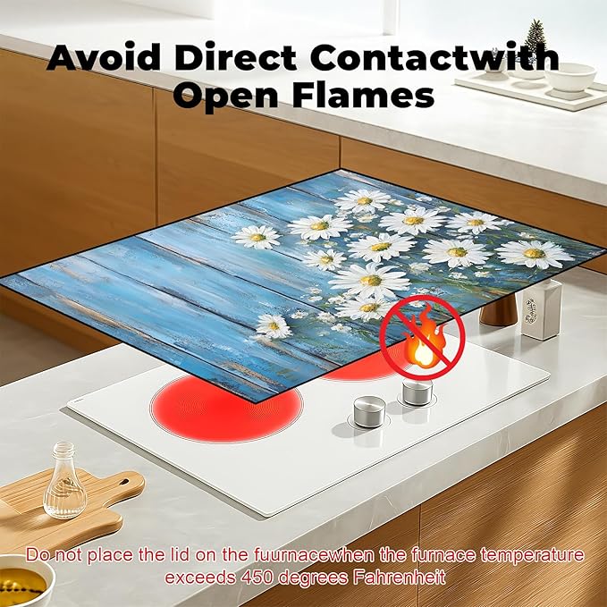 Heat-Resistant Glass Stove Top Cover with Anti-Slip Rubber Coating – Electric Stove Protector, Scratch-Resistant, Counter Space Decor Mat (Chrysanthemum, 28.5"L x 20.5"W)