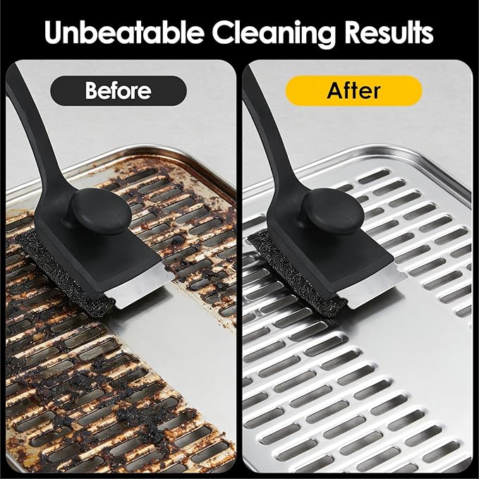 Bristle-Free Silicone BBQ Grill Brush - No Wire Risk, Fast Burnt Grease Removal - 3 Detachable Heads, 2 Extra Replacements, Collapsible Water Cup & Scraper for Gas, Charcoal, Cast Iron Grates