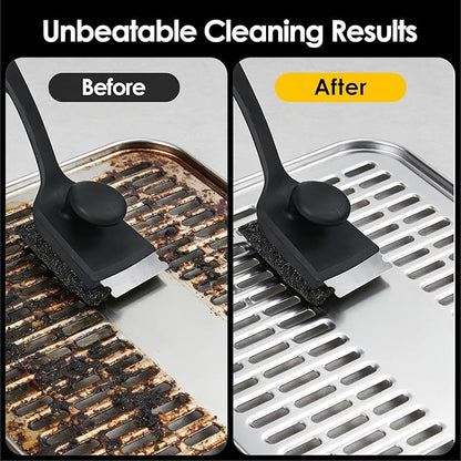 Bristle-Free Silicone BBQ Grill Brush - No Wire Risk, Fast Burnt Grease Removal - 3 Detachable Heads, 2 Extra Replacements, Collapsible Water Cup & Scraper for Gas, Charcoal, Cast Iron Grates