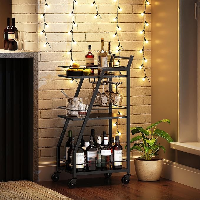 Bar Cart, 3-Tier Home Bar Serving Cart with Wheels, Drink Cart with Glass Holder, Beverage Cart, Rolling Kitchen Cart, for Home, Living Room, Marble Black and Black BC03BM
