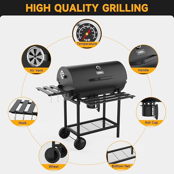 29" Barrel Charcoal Grill, Spacious Smoker Barrel Barbecue Grill with Side Front Table, Outdoor Barbecue Grills for Backyard, Camping, and Picnics, Black