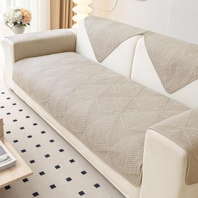 vctops Cotton Quilted Couch Covers for Sectional Sofa (Khaki,28"x28") | Geometric Washable Non Slip Sofa Slipcover for Dogs, Children, Pets Furniture Protector Cover
