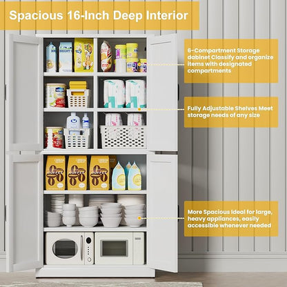 Kitchen Pantry Storage Cabinet, 64" Metal Pantry Cabinet with 4 Doors and Adjustable Shelves, Kitchen Pantry with Hooks for Home, Living Room, Assemble Required (White)