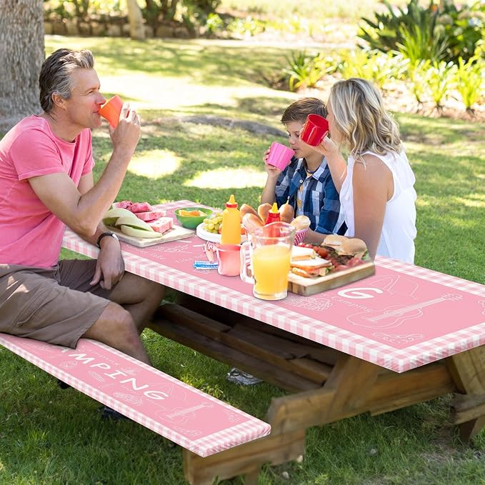 Picnic Table Cover with Bench Covers Elastic Edges, Pink Camper Fitted Table Cover, Outdoor Patio Camping Essentials 72 Inch 3PCS, Waterproof Camping Fitted Tablecloth with Drawstring Bag