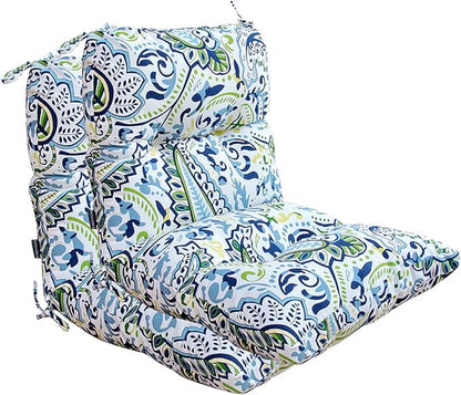 Outdoor Chair Cushions, Water Resistant Replacement Tufted Cushion for Patio Dining Chair, Set of 2 Green/Blue Paisley