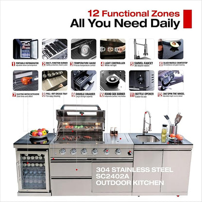 125" Modular Outdoor Kitchen Island with Pizza Oven, 108,000 BTU Propane BBQ Island with Grill and Side Burner, Refrigerator, Integrated Sink & Prep Station, for Backyard and Patio Cooking, Silver