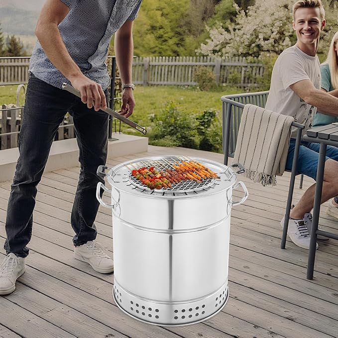 Portable Charcoal Barrel Grill with 20/28-Skewer Capacity – 201 Stainless Steel BBQ Grill for Outdoor Parties, Camping & Picnics, Includes Grilling Accessories Set (28 - Skewer)