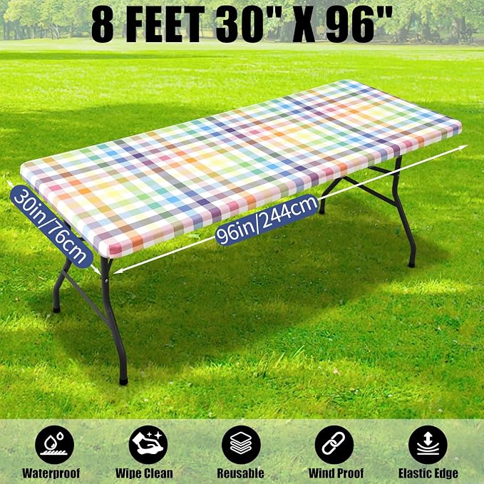 Smiry Picnic Table Cloth 2 Pack, Waterproof Elastic Fitted Tablecloths for 8FT Rectangle Tables, Washable Polyester Buffalo Plaid Tablecloth for Camping & Outdoor (Yellow & Green, 30" x 96")