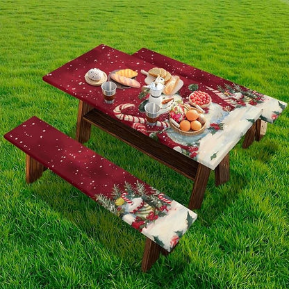 3 PCS Fitted Picnic Table Cover with Bench Cover Fitted Rectangle Tables and Seats Christmas Candy Snowman Outdoor Picnic Table Cover for Camping Red