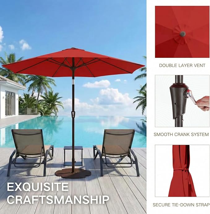 Kingdura 9FT Outdoor Patio Umbrella, Round Market Table Umbrella with Push‑Button Tilt and Crank Lift, 8 Sturdy Metal Ribs, UV50+ Protection Canopy for Backyard, Lawn, Deck, Poolside, Garden (Red)