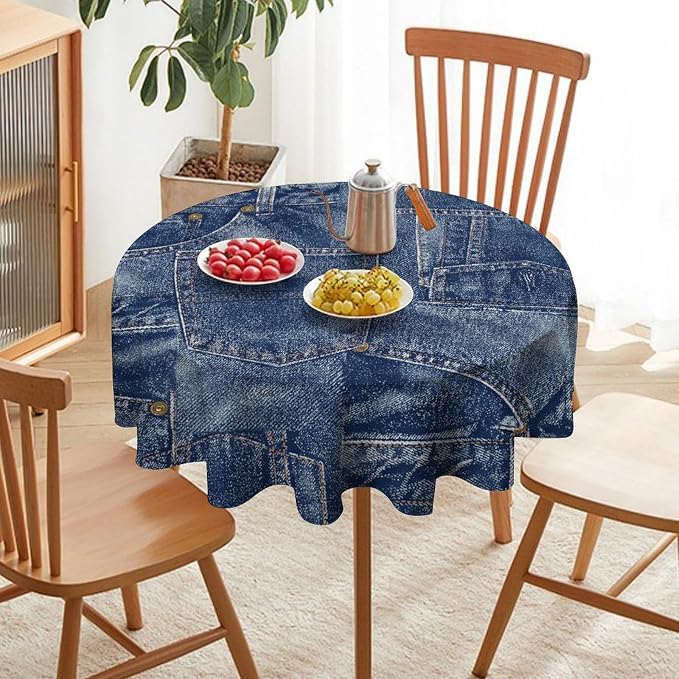Denim Patchwork Print Style Round Tablecloth, Fashionable Denim Pattern Design (Not Denim Fabric) Water Resistant Table Cover for Farmhouse Picnic Party Holiday Kitchen Dinner Table 70"