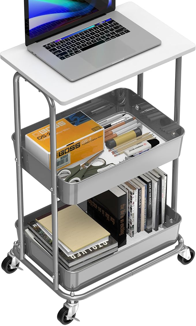 Simple Houseware 2-Tier Rolling Utility Cart Wood Top/Lockable Wheel, White | Metal Storage Organizer Trolley for Kitchen, Bathroom, Office, Craft Room