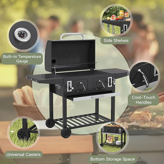 Extra Large Charcoal Grill, Outdoor BBQ Grill with Adjustable Charcoal Trays and Foldable Side Tables, Heavy-Duty Barbecue Grill Smoker for Patio, Camping, Backyard