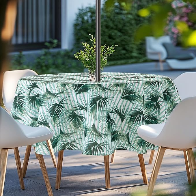 Lamberia 60" Round Patio Tablecloth with Umbrella Hole and Zipper, Waterproof Outdoor Table Cover for Patio, Backyard, BBQ, Picnic & Indoor Dining, Washable Polyester Circular Tablecloth