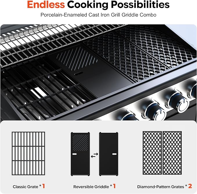 Brand-Man 6-Burner Propane Gas Grill with 12,000 BTU Infrared Sear Side Burner, Porcelain-Enameled Cast Iron Diamond-Pattern Grates & Griddle, 624 Sq.In. BBQ Station with Storage Cabinet for Barbecue